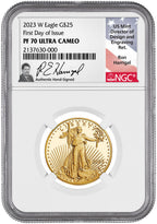 2023-W $25 Half Ounce Gold Eagle FDI NGC PF70 Ultra Cameo Ron Harrigal Signed