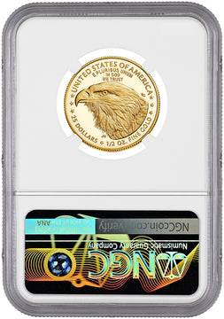 2023-W $25 Half Ounce Gold Eagle FDI NGC PF70 Ultra Cameo Ron Harrigal Signed