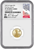 2023-W $5 Tenth Ounce Gold Eagle FDI NGC PF70 Ultra Cameo Ron Harrigal Signed