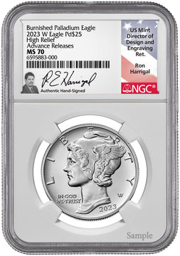 2023-W Palladium Burnished Eagle High Relief Advanced Releases  NGC MS70 Ron Harrigal Signed
