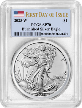 2023-W Burnished Silver Eagle First Day of Issue Flag PCGS SP70
