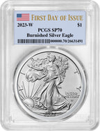 2023-W Burnished Silver Eagle First Day of Issue Flag PCGS SP70