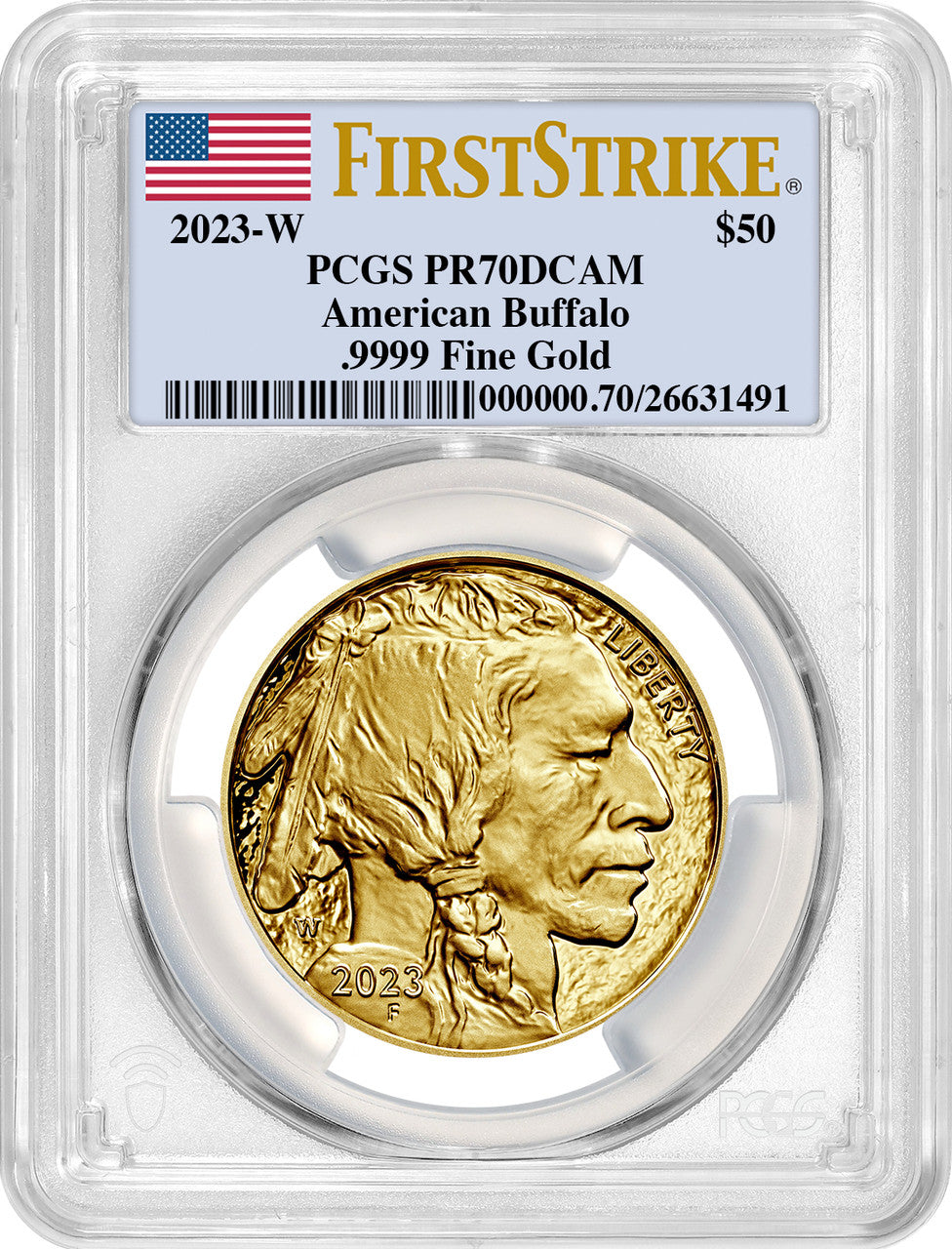 2023-W $50 One Ounce Gold Buffalo First Strike Flag Label PCGS PR70 DCAM