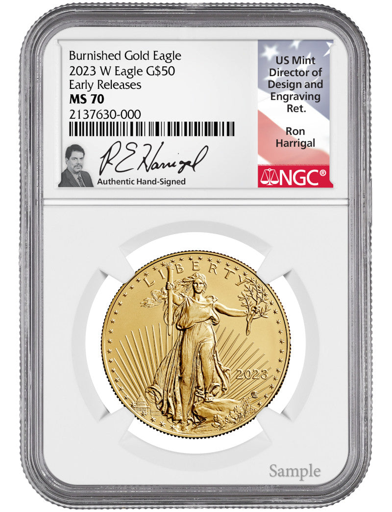 2023 W Burnished Gold Eagle Early Releases NGC MS70 Harrigal Signed