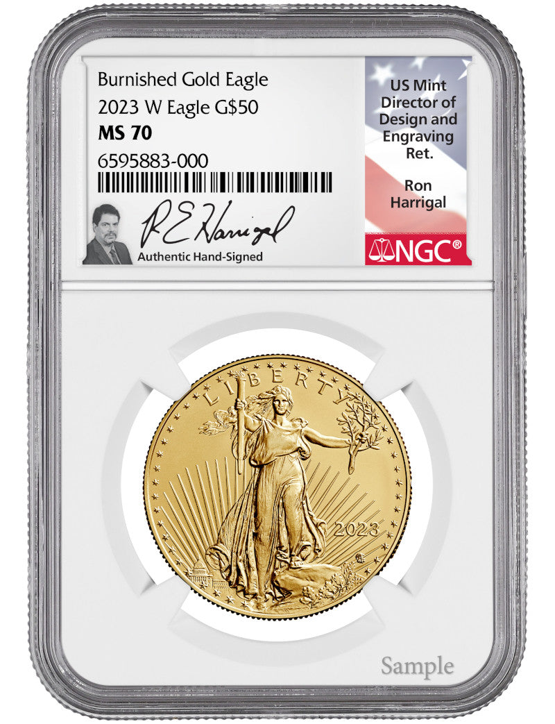 2023 W Burnished Gold Eagle NGC MS70 Harrigal Signed