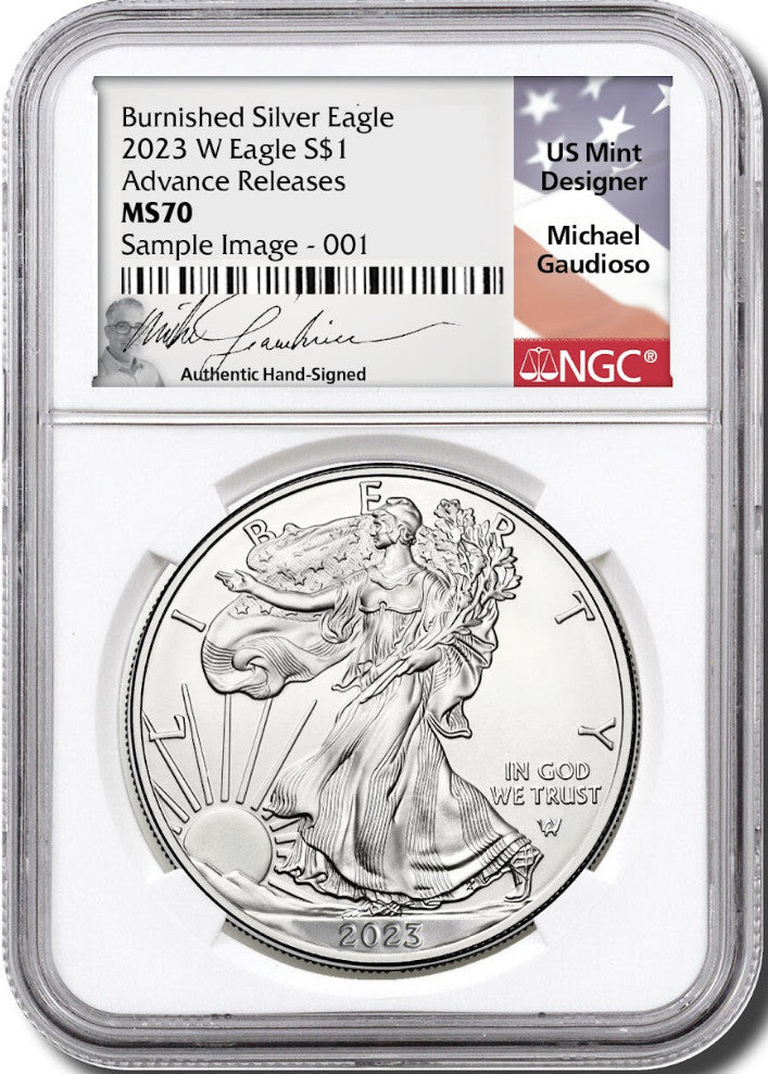 2023 W Burnished Silver Eagle Advanced Releases NGC MS70 Gaudioso Signed