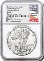 2023 W Burnished Silver Eagle First Day of Issue NGC MS70 Gaudioso Signed
