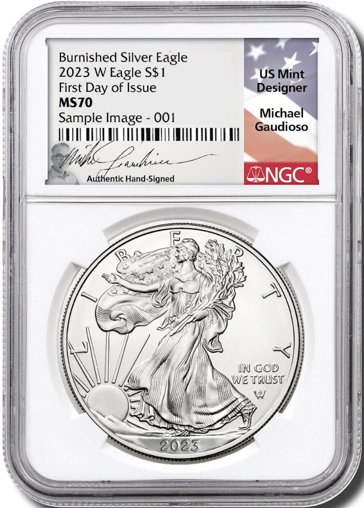 2023 W Burnished Silver Eagle First Day of Issue NGC MS70 Gaudioso Signed