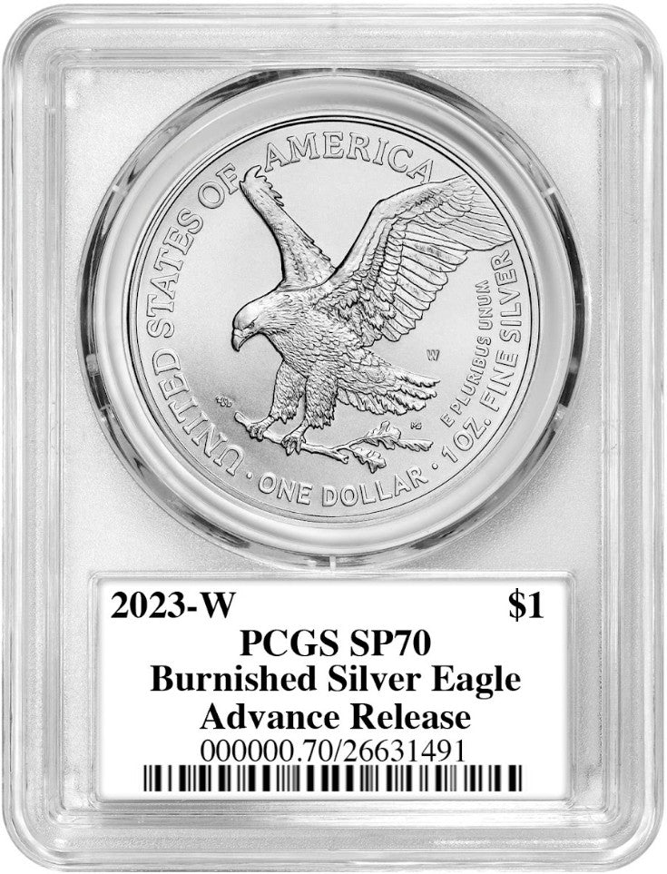 2023-W Burnished Silver Eagle Advanced Release PCGS MS70 Damstra Signed