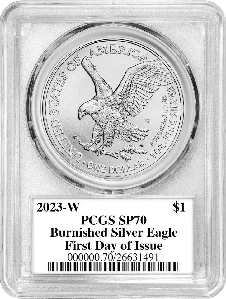 2023-W Burnished Silver Eagle First Day of Issue PCGS MS70 Damstra Signed