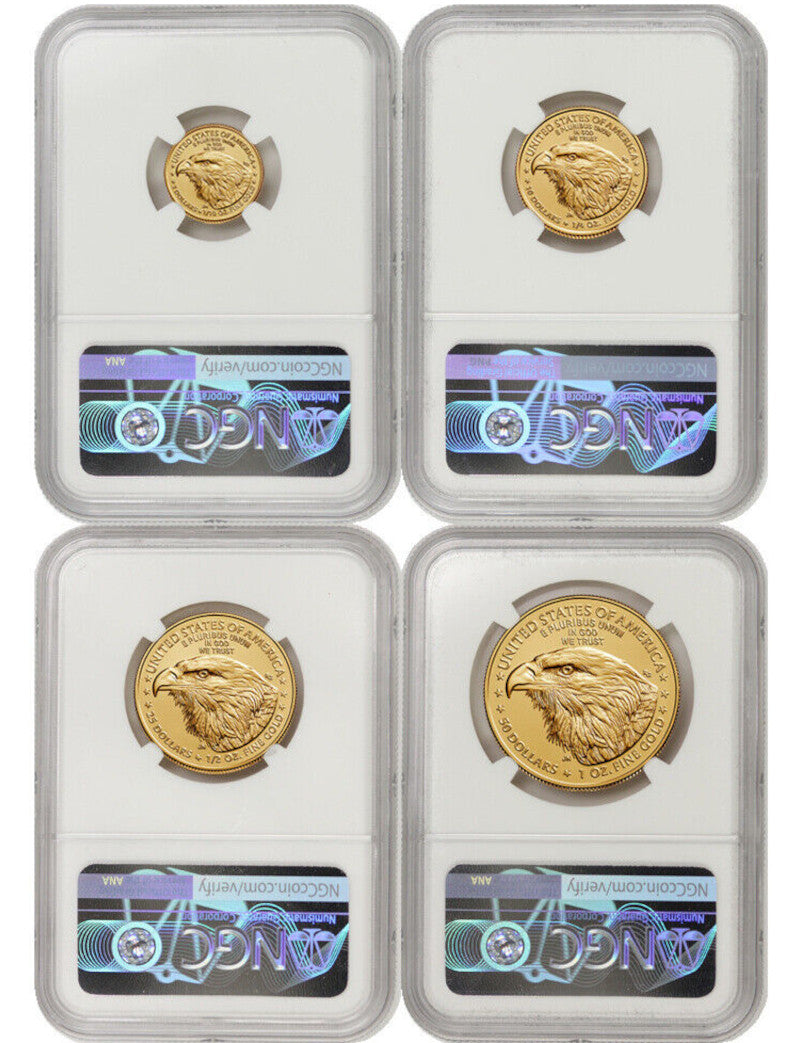 2023 Gold Eagle 4-Coin Set First Day of Issue NGC MS70 Ron Harrigal Signed