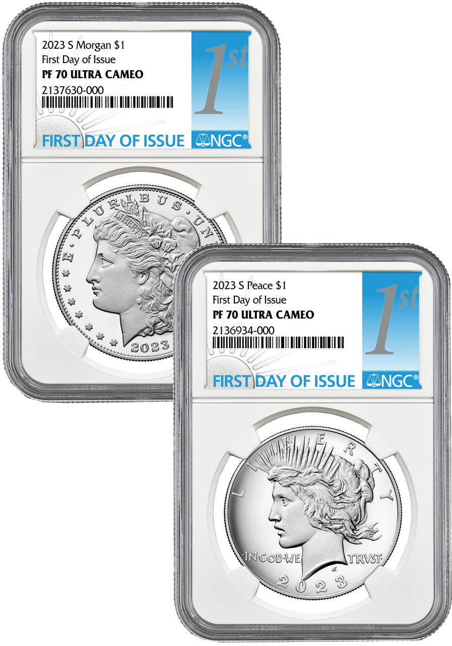 2023-S Morgan Peace Dollar 2-Coin Set FDI NGC PF70 1st label