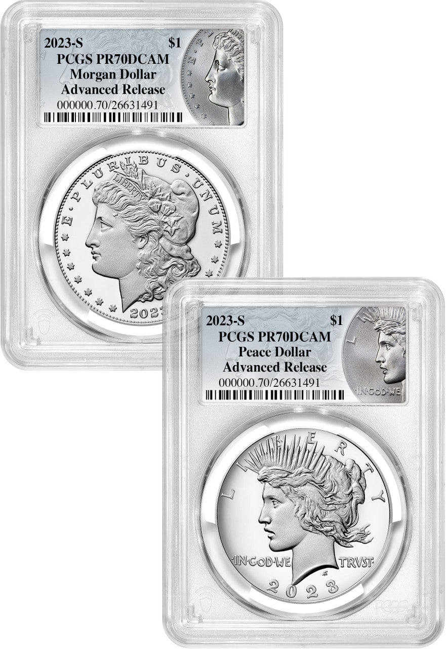 2023-S Morgan Peace Silver Dollar 2pc Advanced Releases PCGS PR70