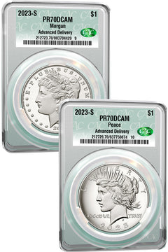 2023-S Morgan Peace Silver Dollar Two Coin Set Advanced Delivery CAC PR70DCAM