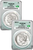 2023-S Morgan Peace Silver Dollar Two Coin Set Advanced Delivery CAC PR70DCAM
