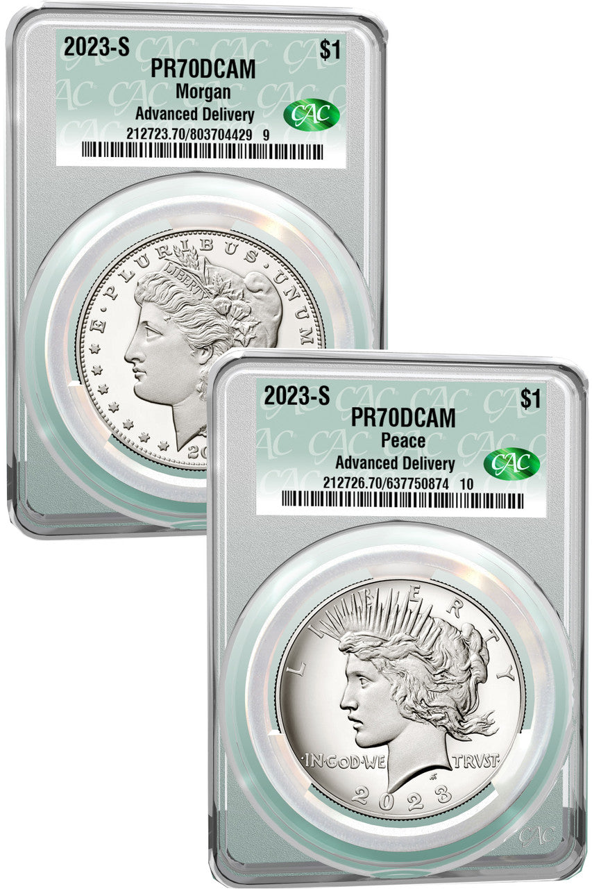 2023-S Morgan Peace Silver Dollar Two Coin Set Advanced Delivery CAC PR70DCAM