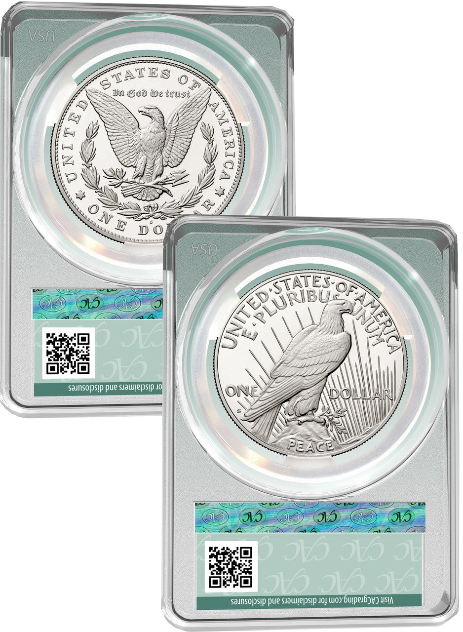 2023-S Morgan Peace Silver Dollar Two Coin Set Advanced Delivery CAC PR70DCAM