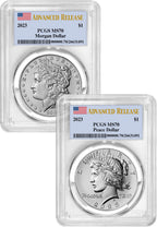 2023 Morgan and Peace Silver Dollar 2pc Set Advanced Flag Label PCGS MS70