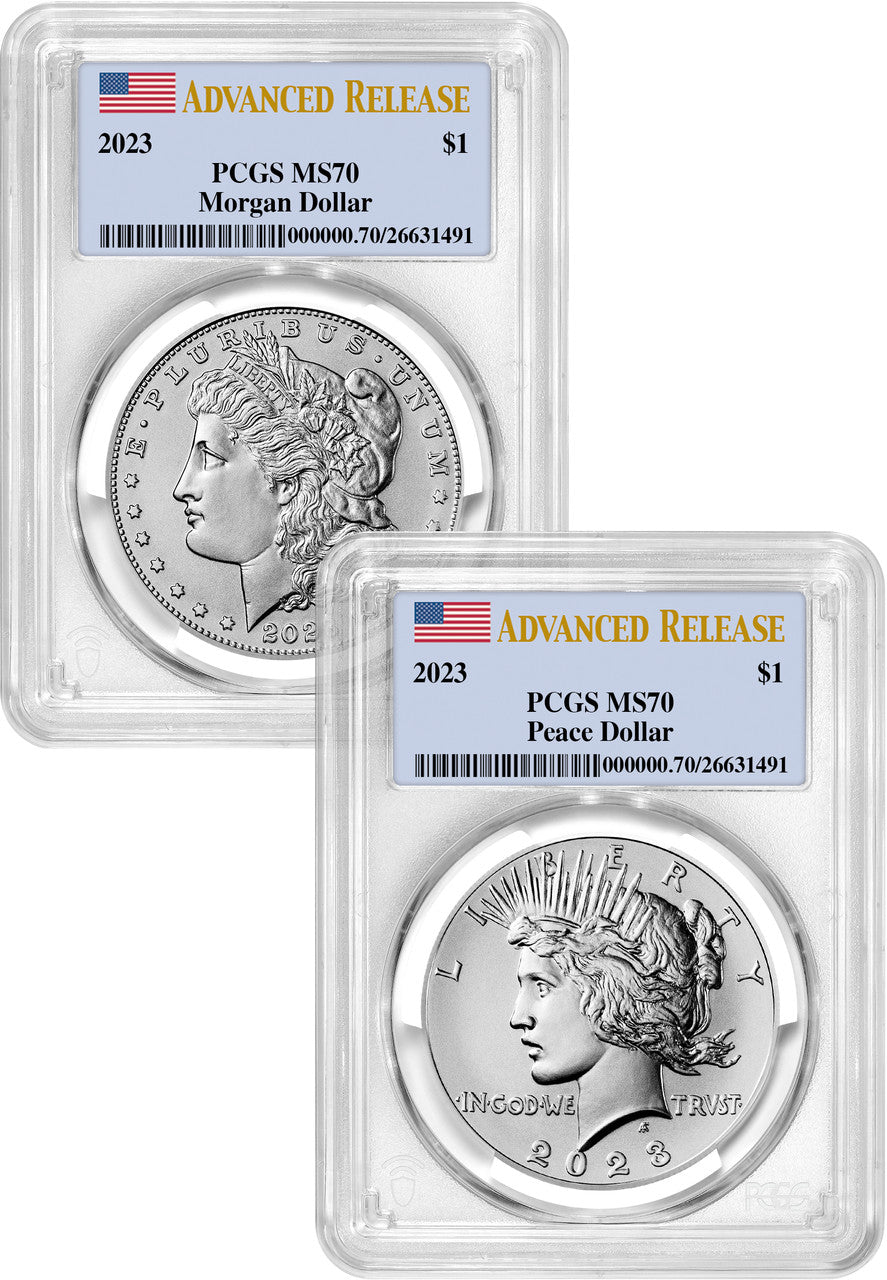 2023 Morgan and Peace Silver Dollar 2pc Set Advanced Flag Label PCGS MS70