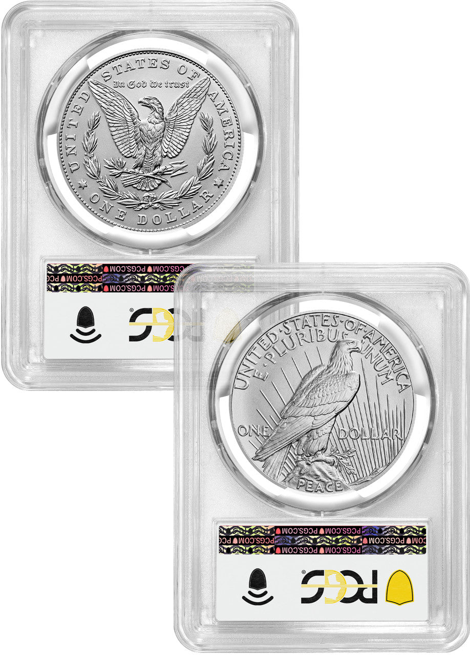 2023 Morgan and Peace Silver Dollar 2pc Set Advanced Flag Label PCGS MS70