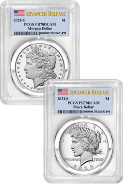 2023-S Morgan Peace Silver Dollar 2pc Advanced Releases PCGS PR70 Flag Label