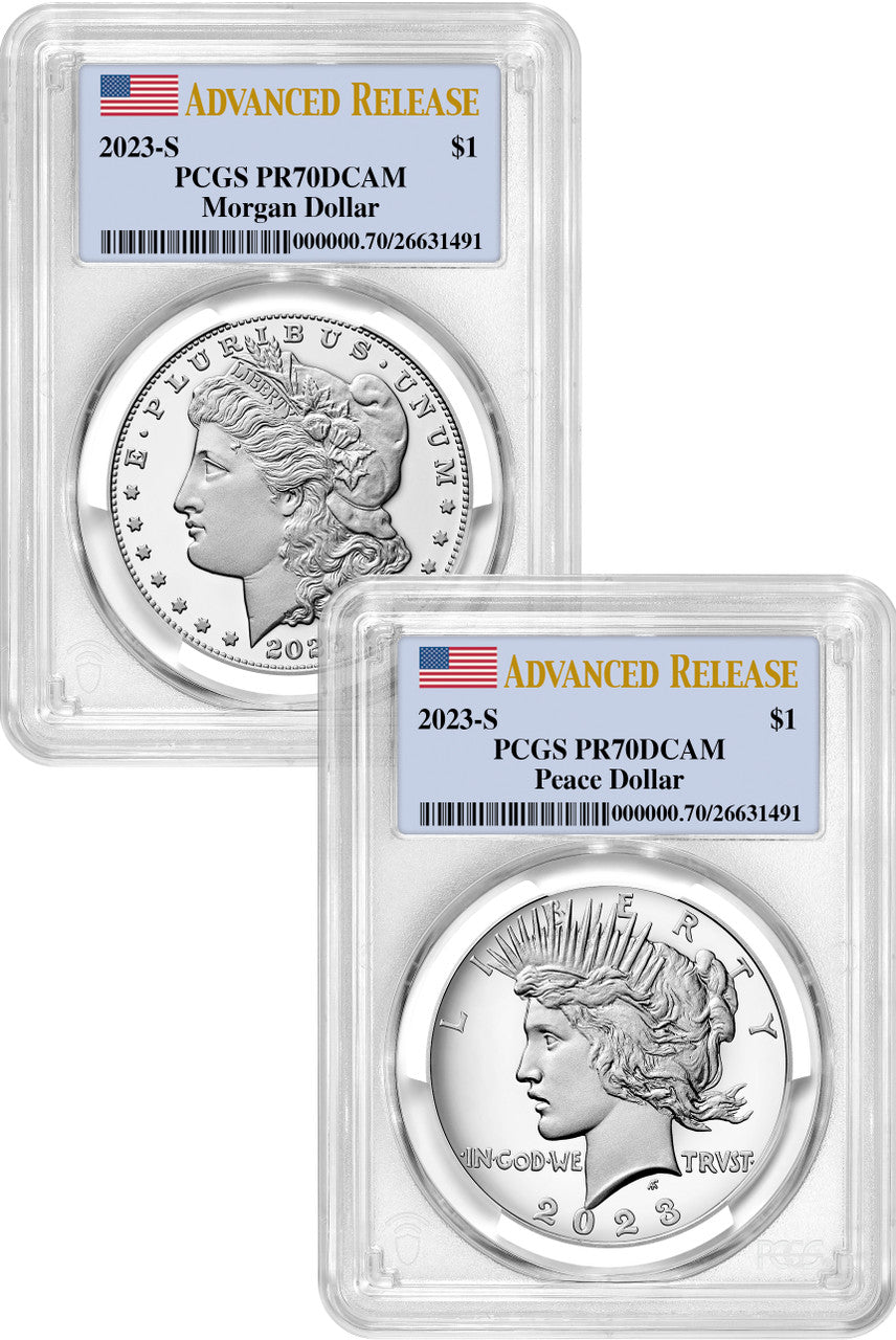2023-S Morgan Peace Silver Dollar 2pc Advanced Releases PCGS PR70 Flag Label