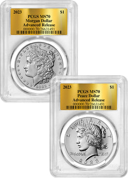 2023 Morgan and Peace Silver Dollar 2pc Set Advanced Gold Label PCGS MS70
