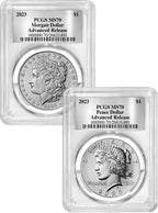 2023 Morgan and Peace Silver Dollar 2pc Set Advanced Foil Label PCGS MS70