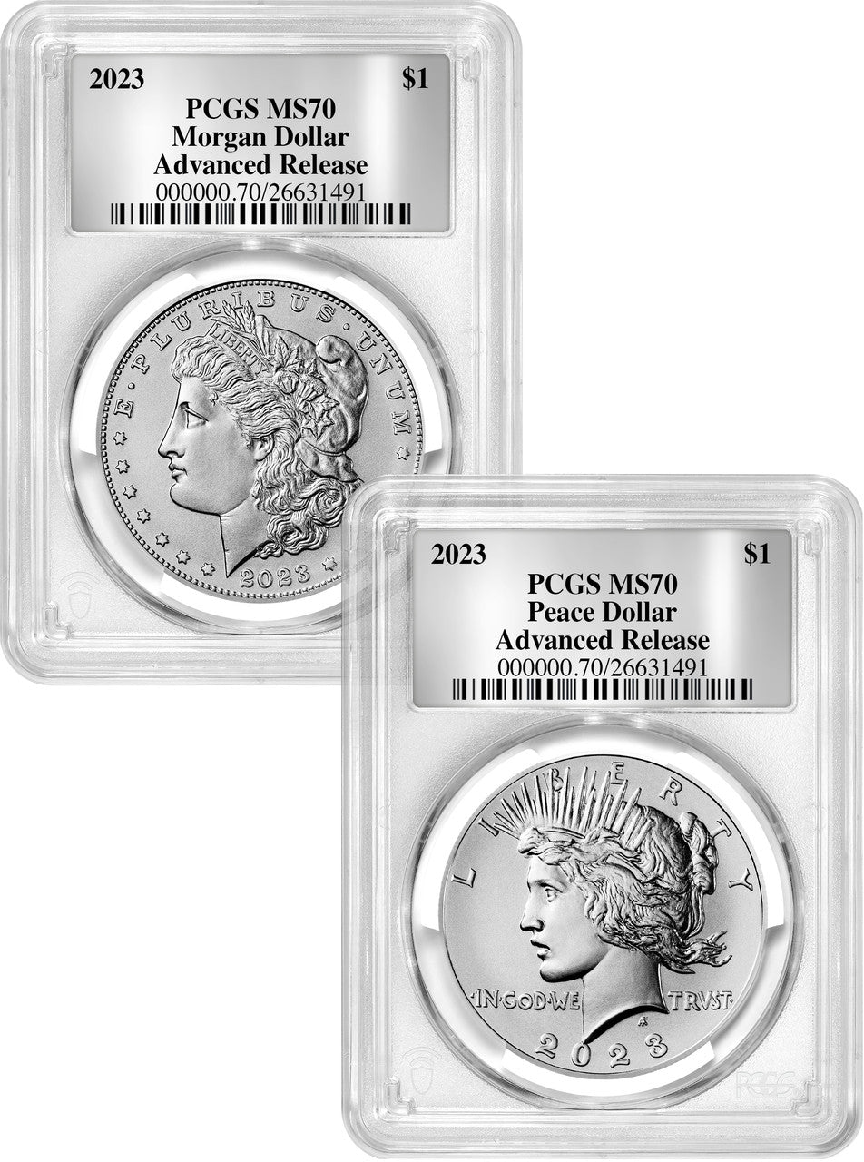 2023 Morgan and Peace Silver Dollar 2pc Set Advanced Foil Label PCGS MS70