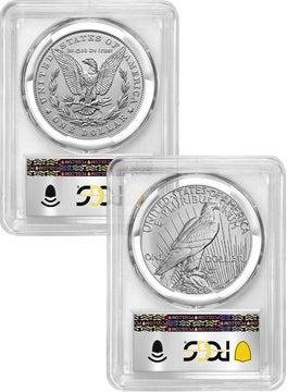 2023 Morgan and Peace Silver Dollar 2pc Set Advanced Foil Label PCGS MS70