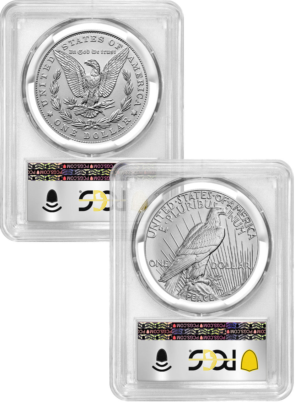 2023 Morgan and Peace Silver Dollar 2pc Set Advanced Foil Label PCGS MS70