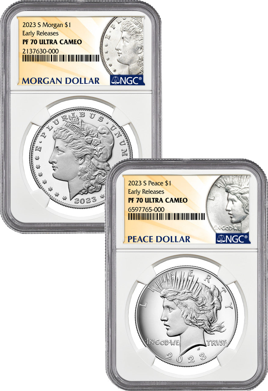 2023-S Morgan and Peace Silver Dollar 2pc Set ER NGC PF70