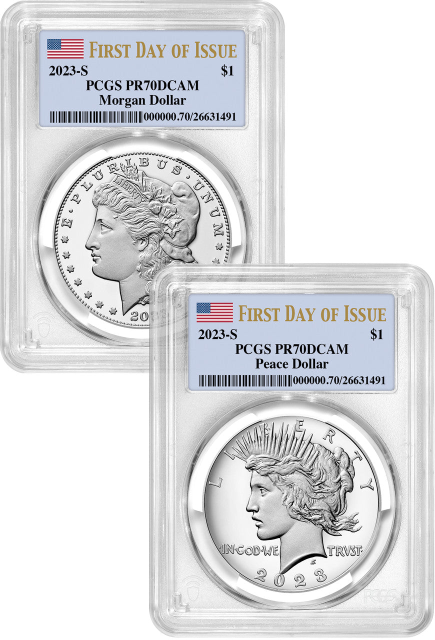 2023-S Morgan and Peace Silver Dollar 2pc FDI Flag Label PCGS PR70