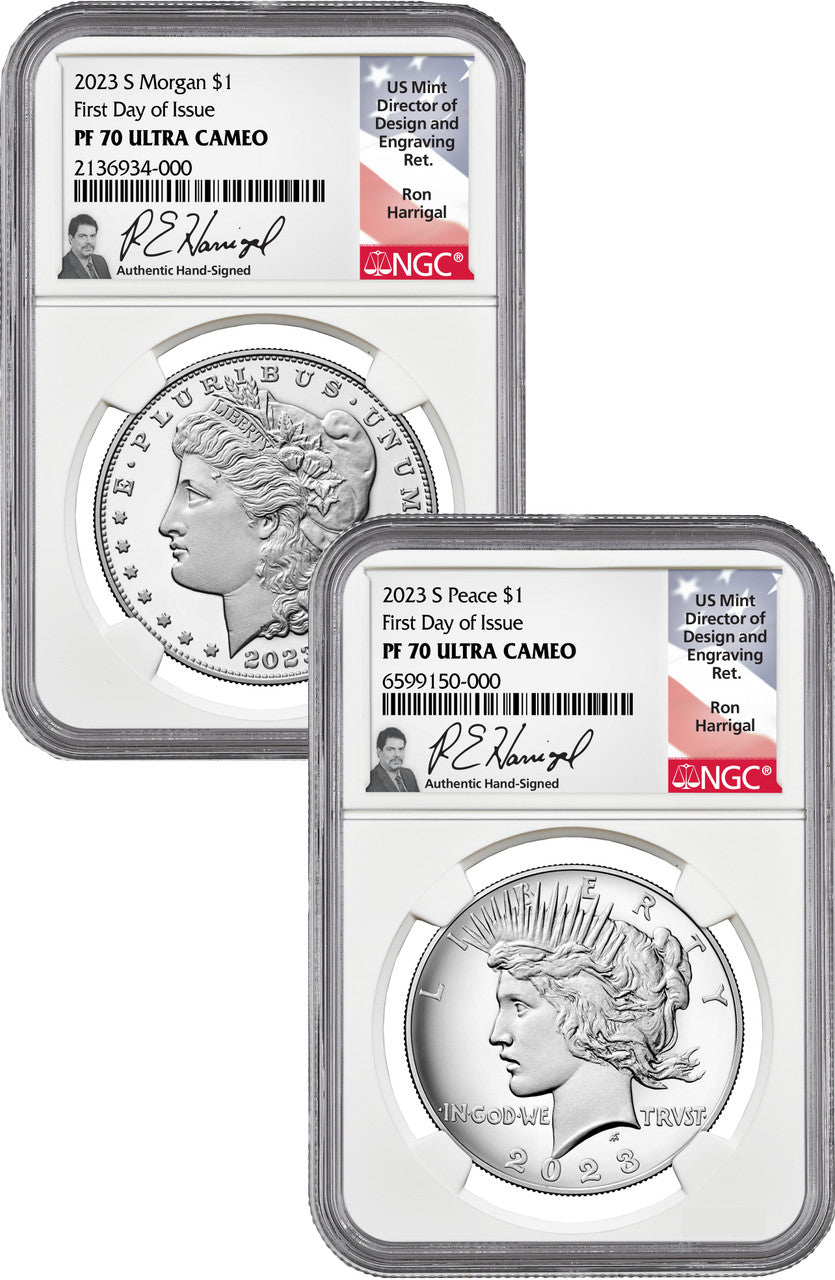2023-S Morgan Peace Silver Dollar 2pc Set FDI NGC PF70 Harrigal Signed
