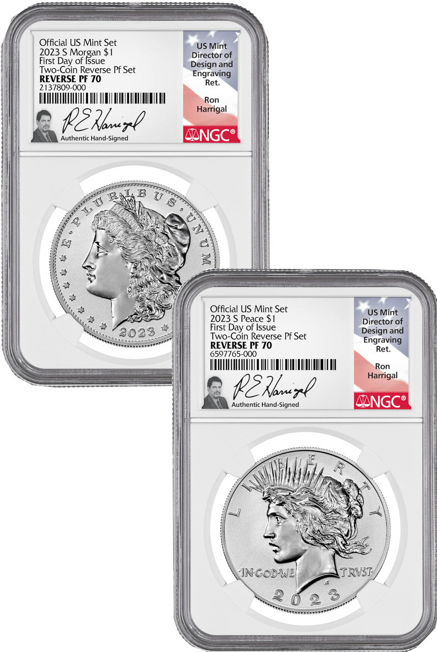 2023-S Morgan Peace Dollar 2-Coin Reverse Proof Set FDI NGC PF70 Harrigal