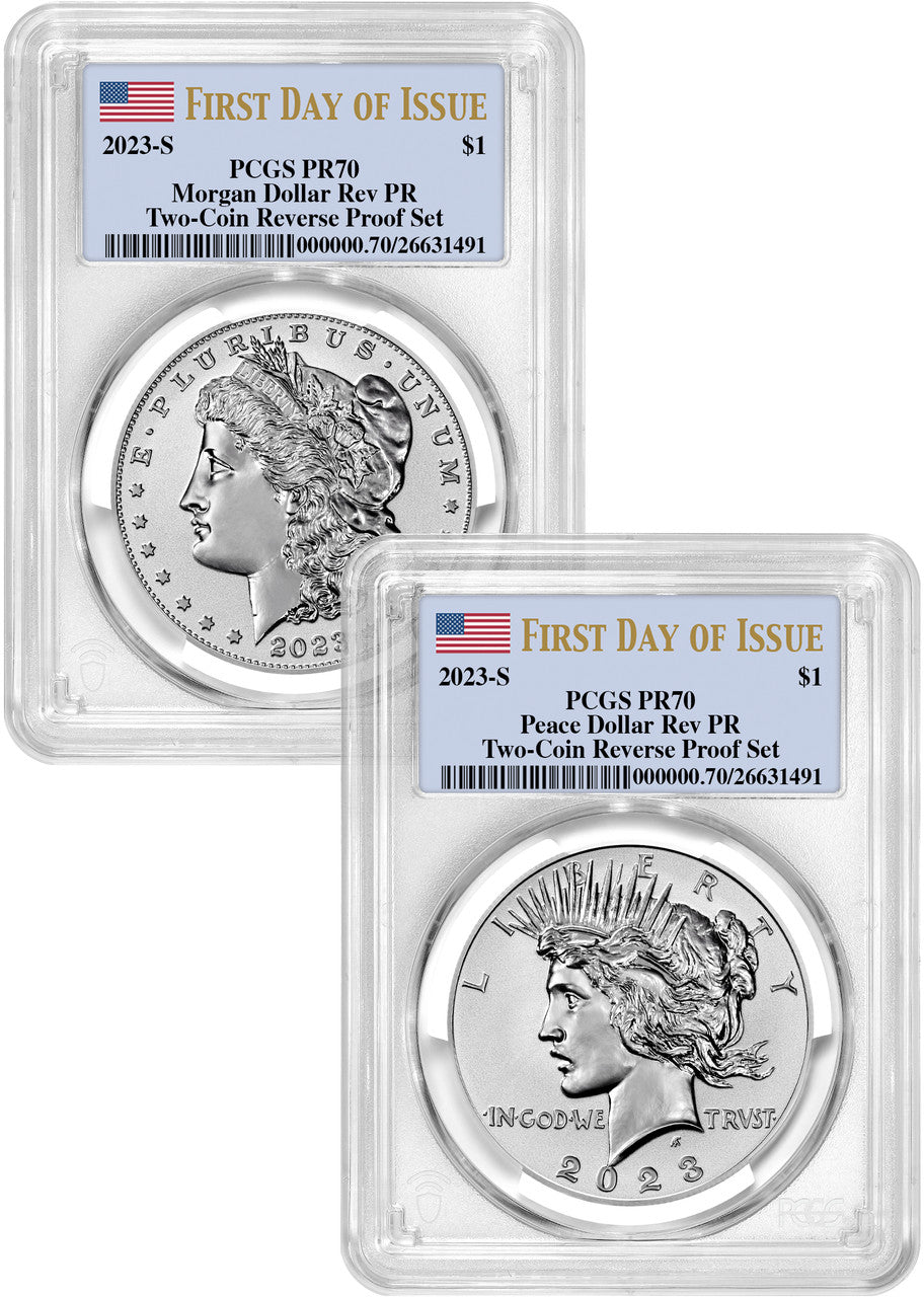 2023-S Morgan Peace Dollar 2-Coin Reverse Proof Set FDI Flag PCGS PR70