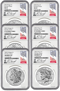 2023 Morgan and Peace Silver Dollar 6-Coin Set FDI NGC MS70/PF70/RP70 Harrigal Signed