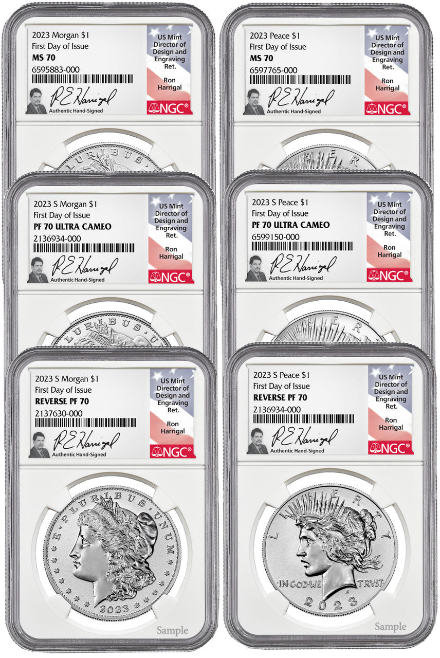 2023 Morgan and Peace Silver Dollar 6-Coin Set FDI NGC MS70/PF70/RP70 Harrigal Signed