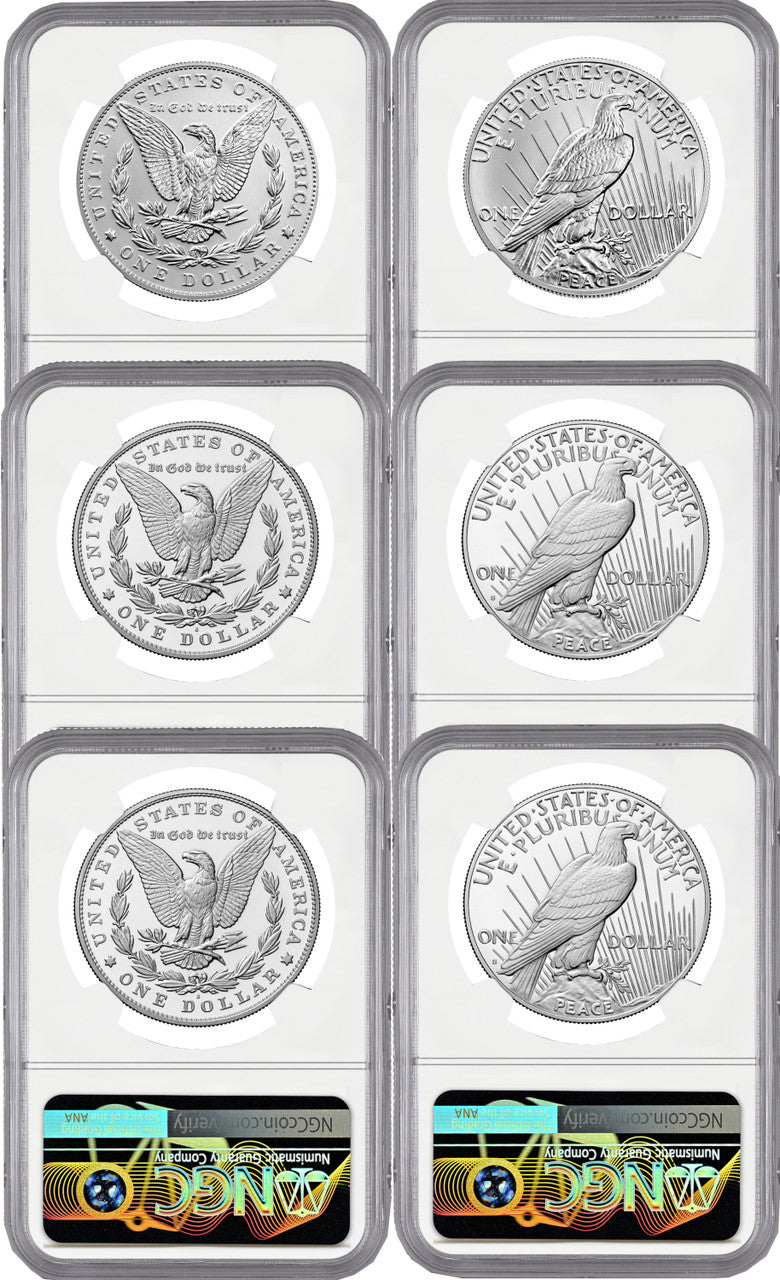 2023 Morgan and Peace Silver Dollar 6-Coin Set FDI NGC MS70/PF70/RP70 Harrigal Signed