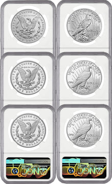 2023 6 Coin Morgan & Peace Dollar Set MS/PR/REV FDI Morgan/Peace Label NGC PF70