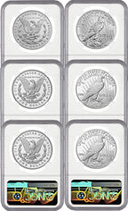 2023 6 Coin Morgan & Peace Dollar Set MS/PR/REV FDI Morgan/Peace Label NGC PF70