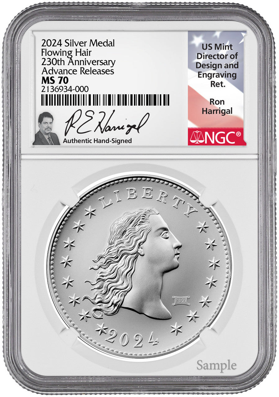 2024 230th Anniversary Flowing Hair Silver Medal 77 of 230 Privy NGC MS70 AR Harrigal