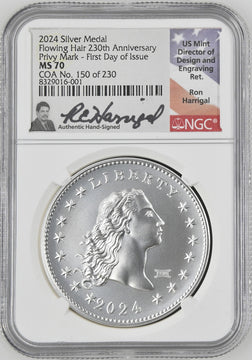 2024 230th Anniversary Flowing Hair Silver Medal 150 of 230 Privy NGC MS70 AR Harrigal