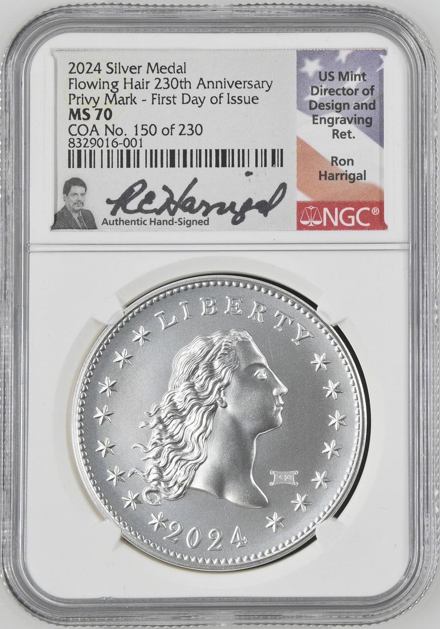 2024 230th Anniversary Flowing Hair Silver Medal 150 of 230 Privy NGC MS70 AR Harrigal