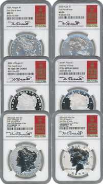 2024 Morgan and Peace Silver Dollar 6-Coin Set FDI NGC MS70/PF70/RP70 Kenneth Bressett Red Book Signed