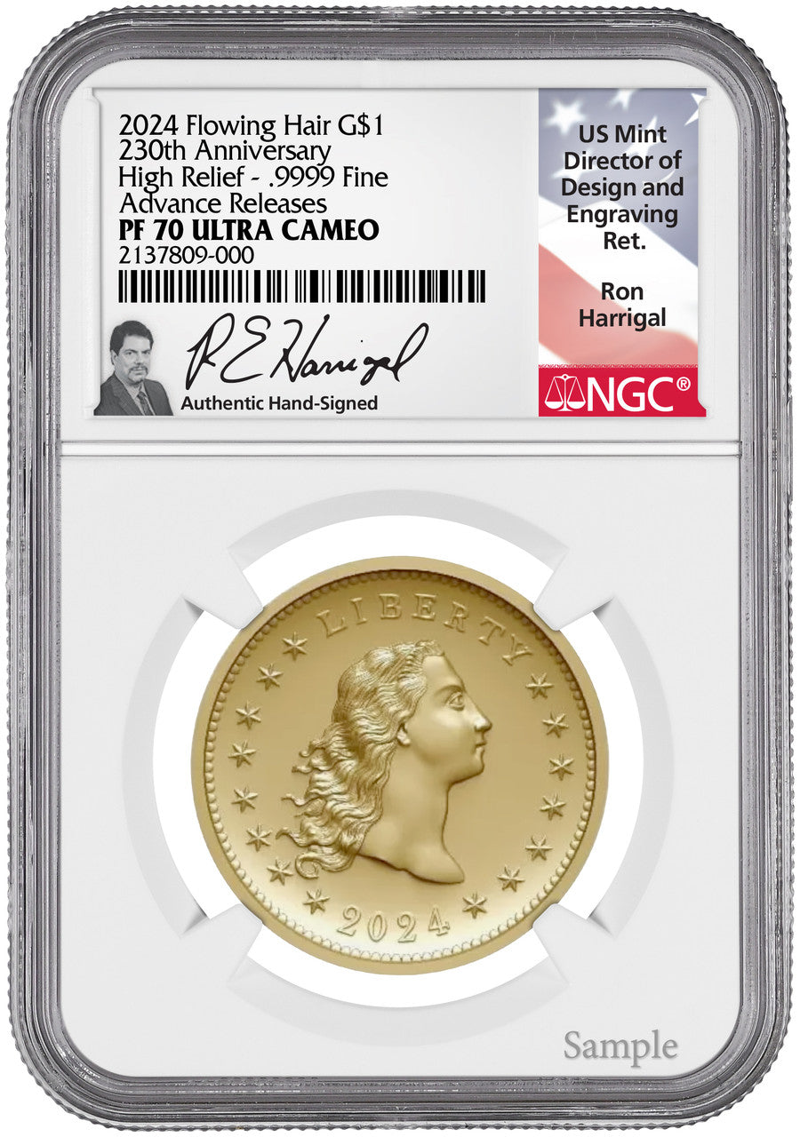 2024-W 230th Anniversary Flowing Hair Gold Dollar AR NGC PF70UCAM Harrigal
