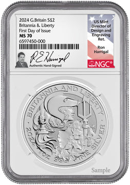 2024 G. Britain £2 Britannia & Liberty Silver Coin FDI NGC MS70 Ron Harrigal Signed