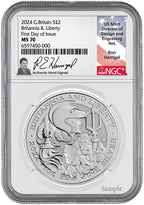 2024 G. Britain £2 Britannia & Liberty Silver Coin FDI NGC MS70 Ron Harrigal Signed