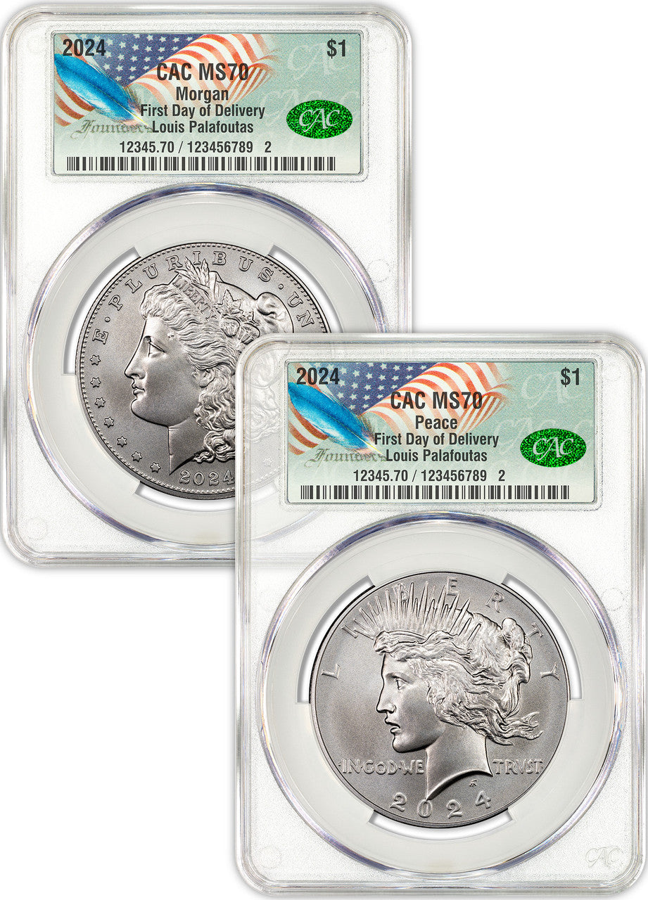 2024 Morgan and Peace Silver Dollar 2pc Set FDD CAC MS70 Founders Label