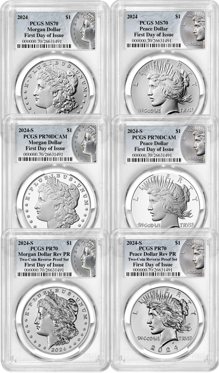 2024 Morgan and Peace Silver Dollar 6-Coin Set FDI PCGS MS70/PF70/RP70